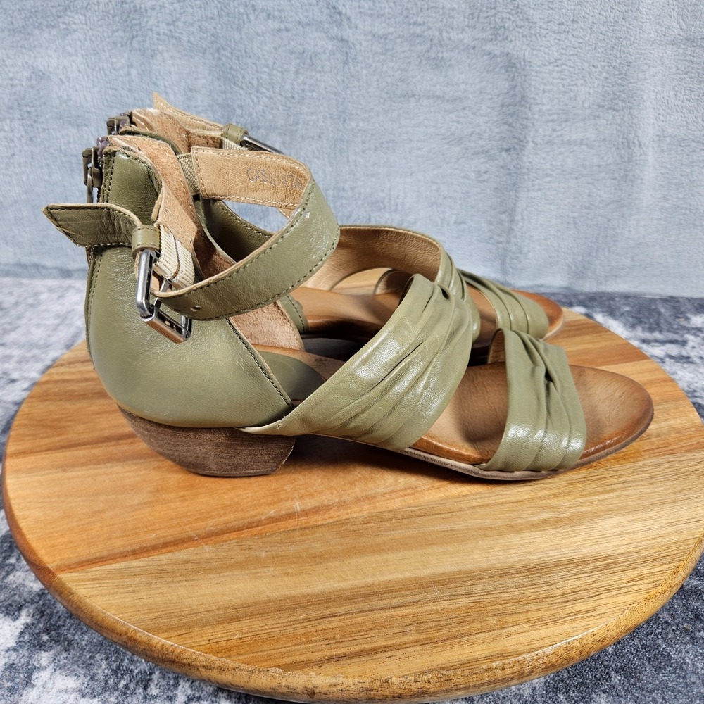Miz Mooz Cassie Sandals Womens 38 Sage Green Zip Ankle Strappy Leather Low Heels
